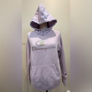 Champion Women's Light Purple Hoodie with Iridescent Logo. Size small.